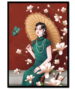Mujer elegante con parasol y flores de magnolia sobre fondo rojo
