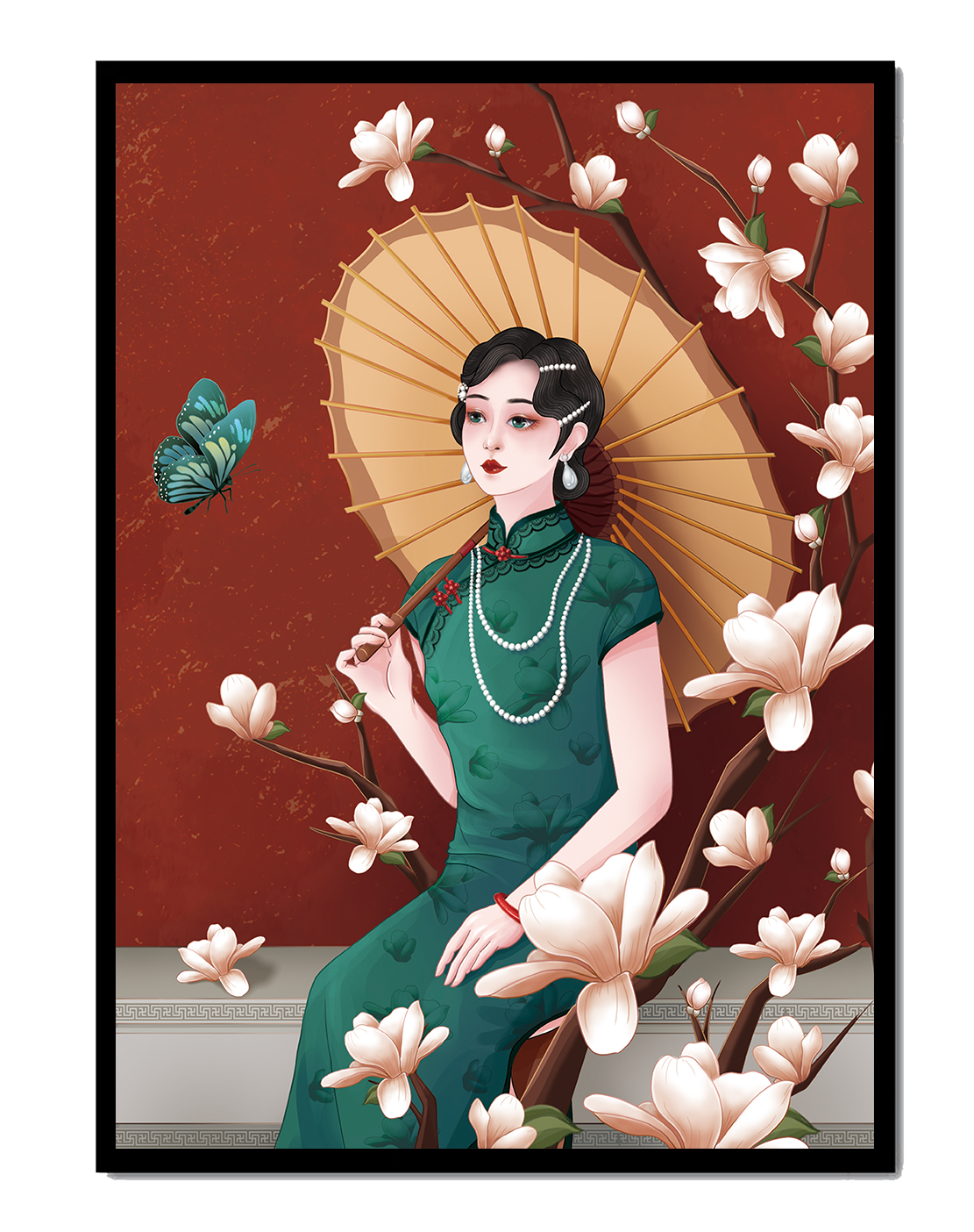 Mujer elegante con parasol y flores de magnolia sobre fondo rojo