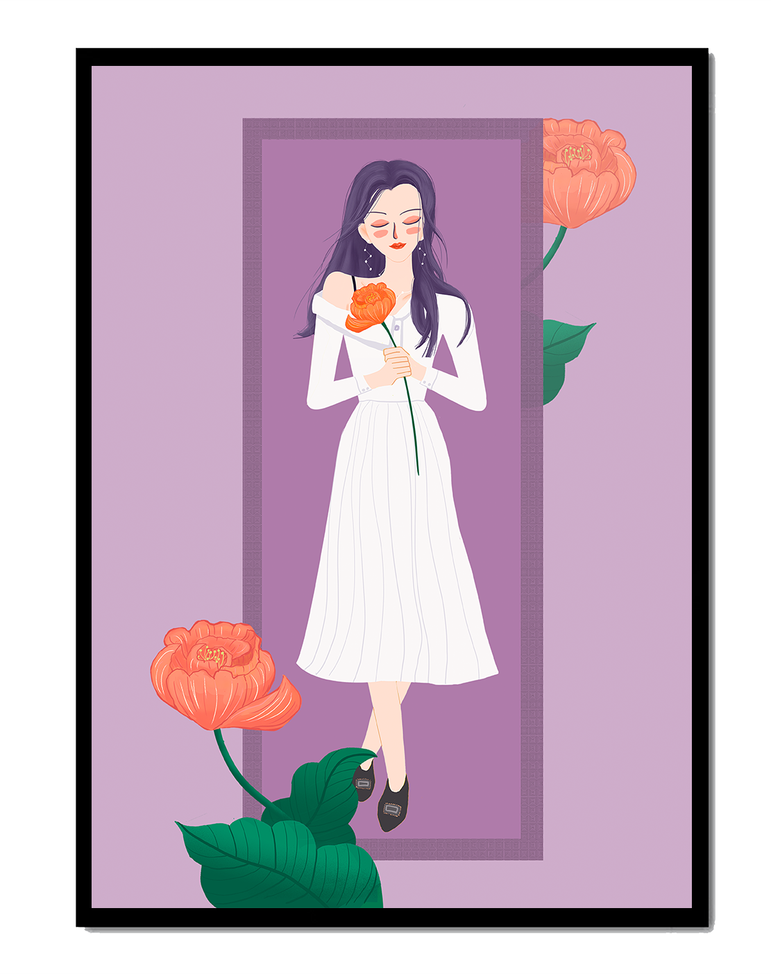 Illustration of a woman holding a flower in a serene pose