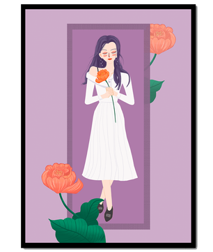 Illustration of a woman holding a flower in a serene pose