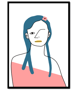 Abstract Portrait with Blue Hair and Floral Accent - Mi tienda