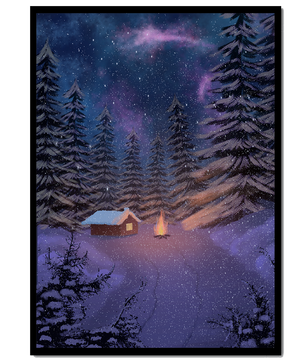 Winternachtlandschaft mit verschneiter Hütte und Kiefernwald