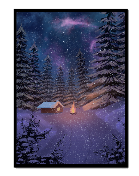 Winter night landscape with snowy cabin and pine forest