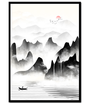 Peaceful mountain landscape with mist and rising sun