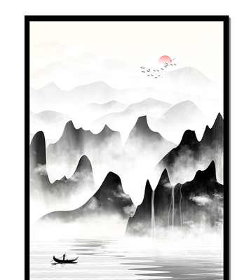 Peaceful mountain landscape with mist and rising sun