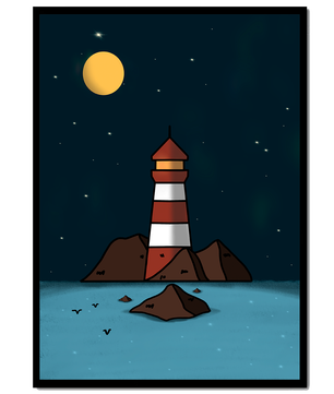 Escena nocturna tranquila con faro y estrellas que reflejan serenidad