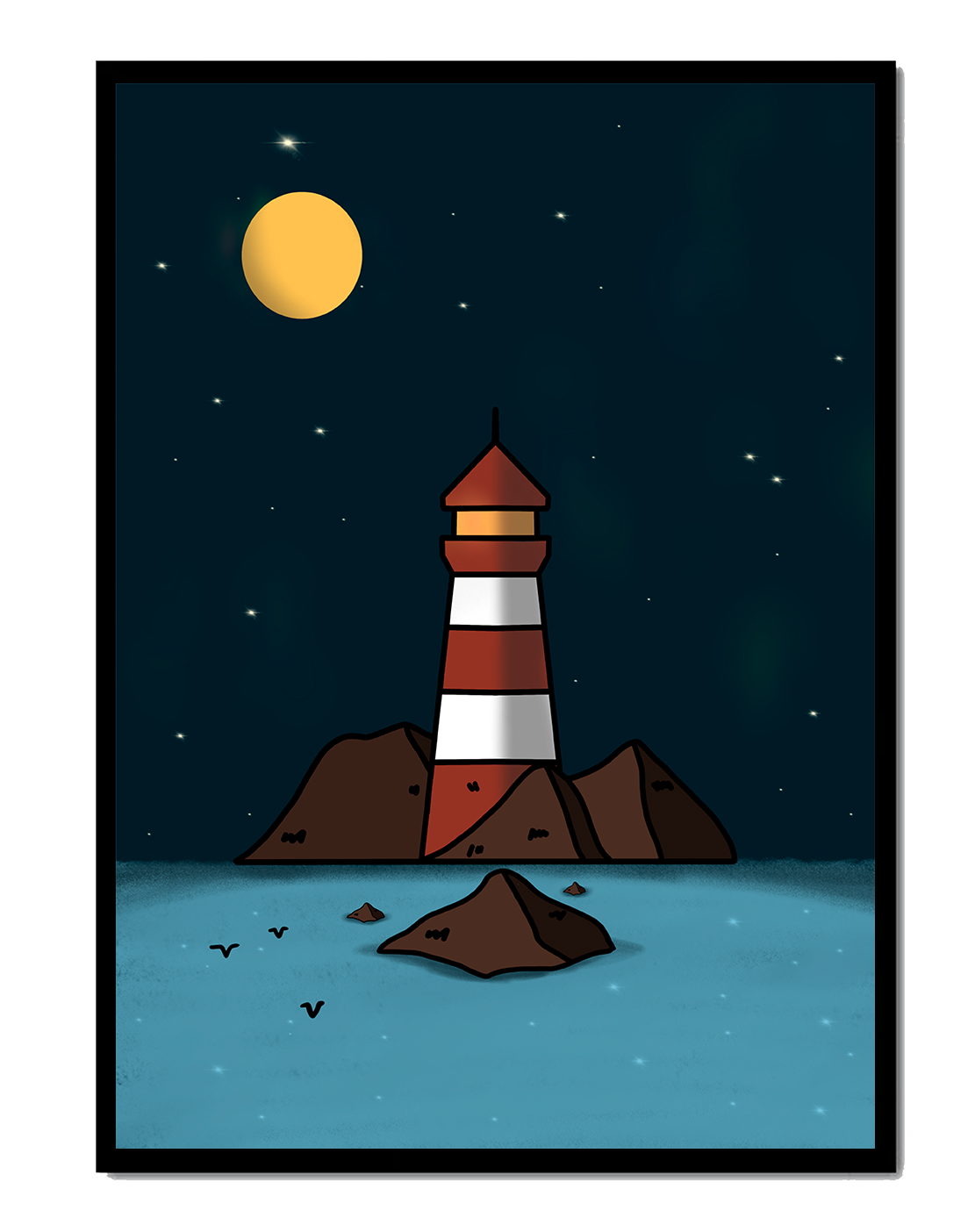 Escena nocturna tranquila con faro y estrellas que reflejan serenidad.