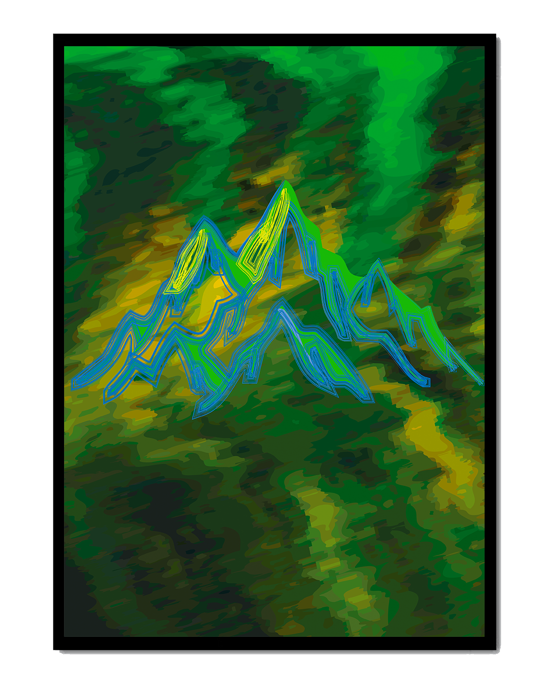 Abstract mountain landscape with vibrant colors and geometric lines