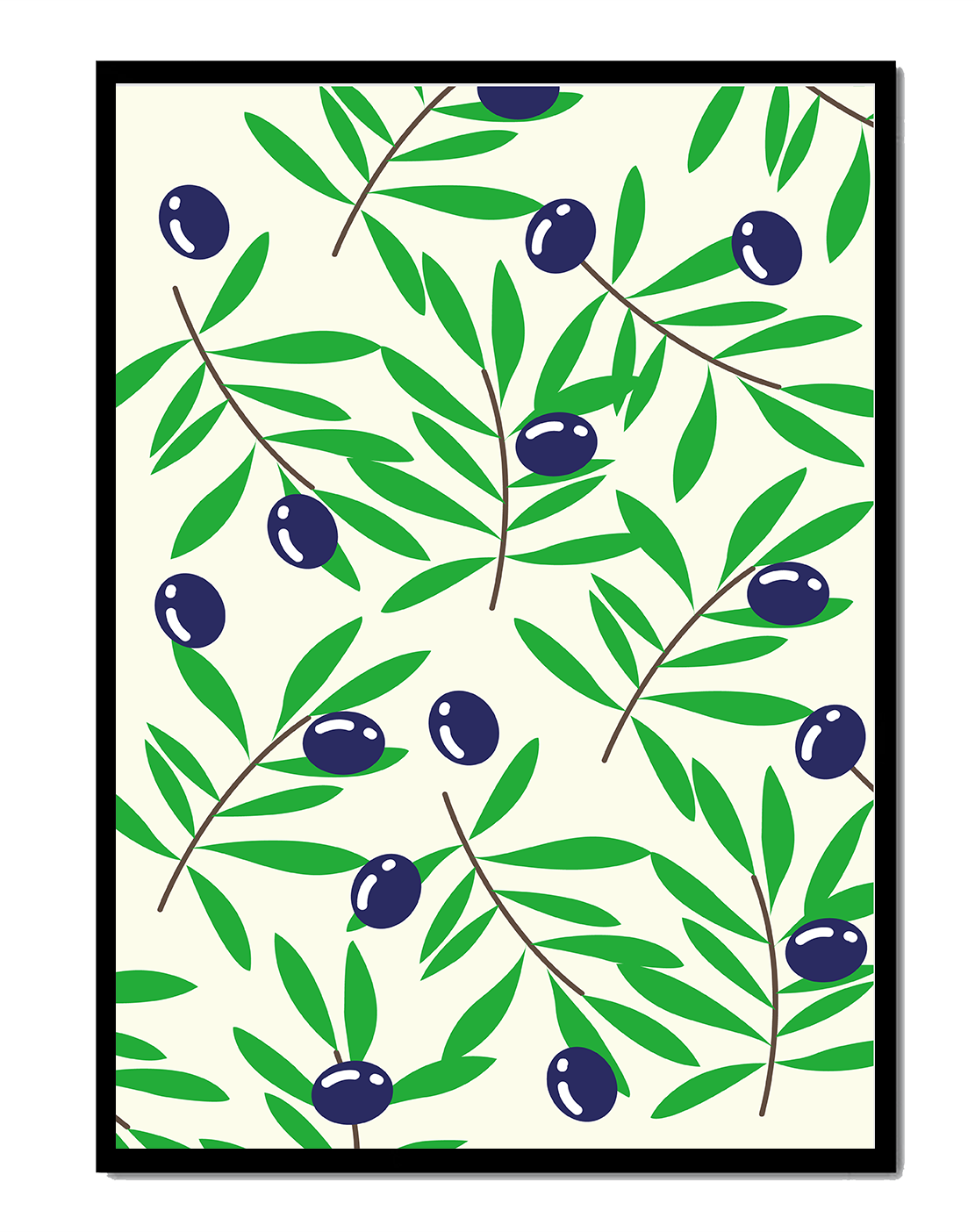 Olive branch pattern with green leaves and blue olives