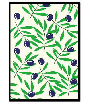 Olive branch pattern with green leaves and blue olives