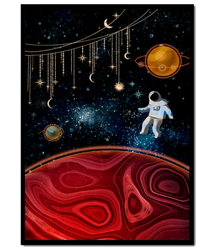 Escena espacial surrealista con astronauta y elementos celestiales