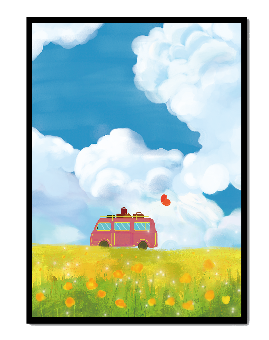 Colorful Van in a Vibrant Field with Balloons and Luggage