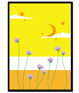 Illustrative landscape with crescent moon, stars, and flowers