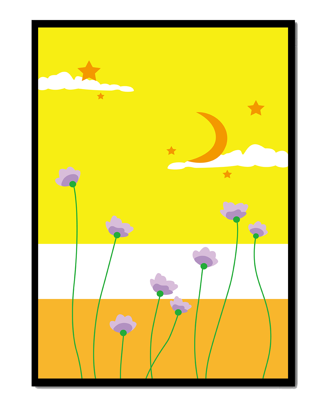 Illustrative landscape with crescent moon, stars, and flowers