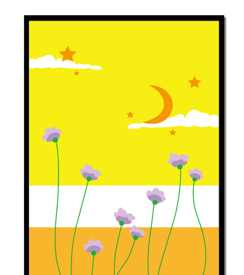 Illustrative landscape with crescent moon, stars, and flowers