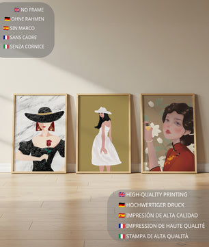 Pared Con Tres Lienzos de Mujeres en Sombreros Sin Marco