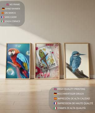 Arte Decorativo con Pájaros Coloridos en Impresión de Alta Calidad