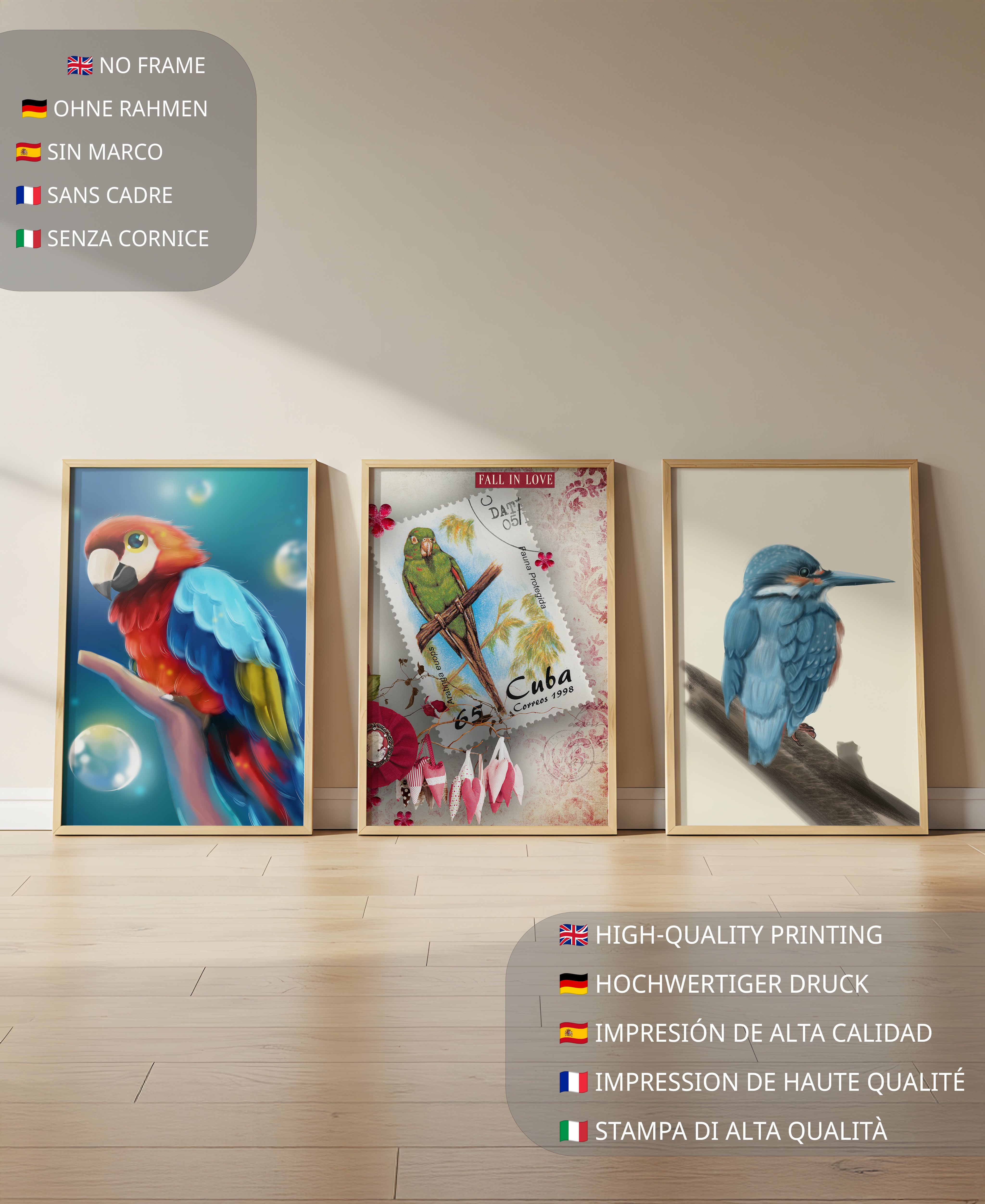 Arte Decorativo con Pájaros Coloridos en Impresión de Alta Calidad