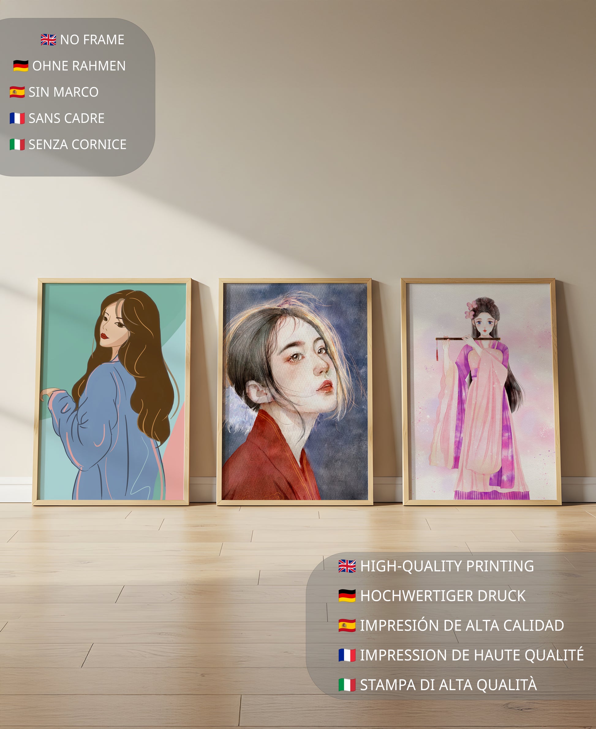Tríptico de retratos femeninos en estilo moderno