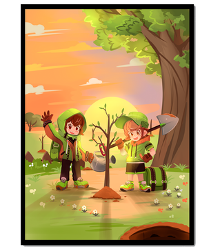 Kinder pflanzen einen Baum in einer lebendigen Sonnenuntergangslandschaft