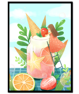 Bezaubernde Sommergetränk-Illustration mit Früchten, Blättern und einem Kind