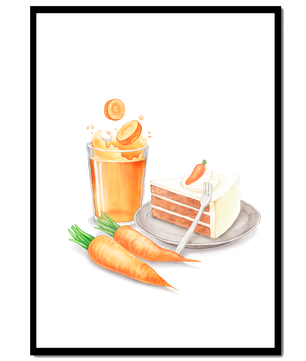 Illustration von Karottenkuchen und Saft mit frischen Karotten