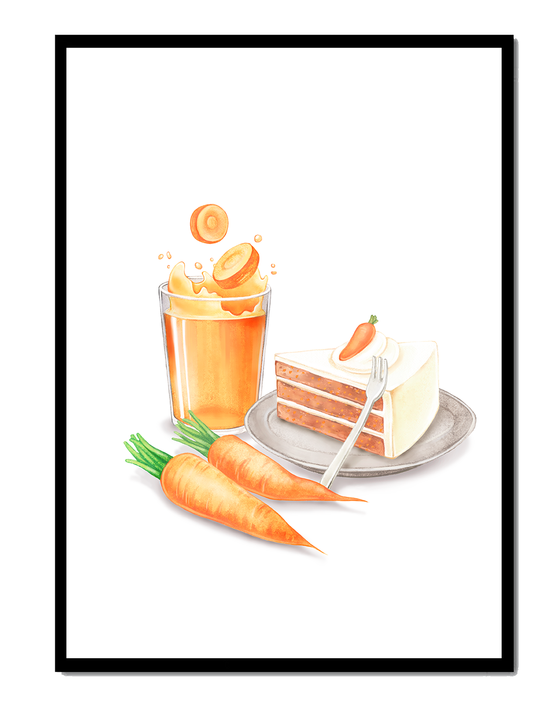 Illustration von Karottenkuchen und Saft mit frischen Karotten