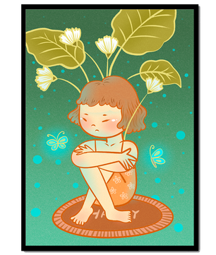 Ilustración de un niño con tocado floral y mariposas