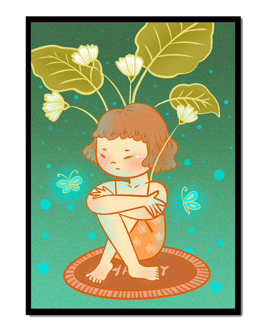 Child with floral headpiece and butterflies illustration