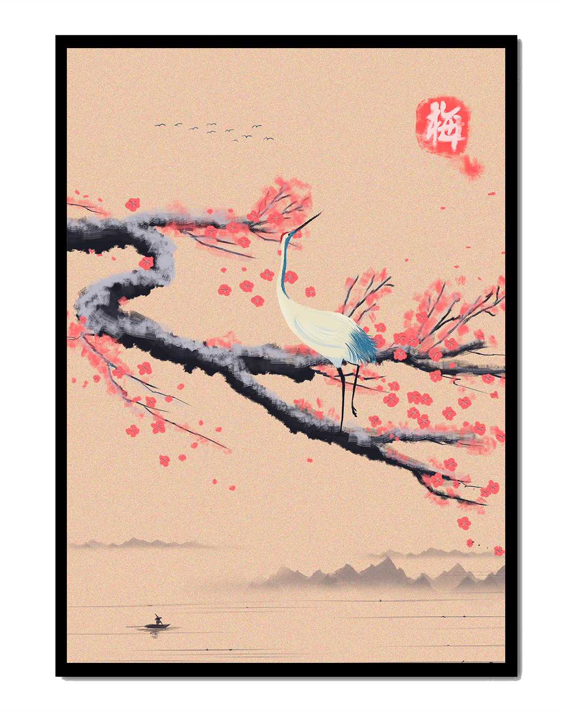 Elegant crane on cherry blossom branch with serene landscape