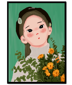Illustration of a girl with flowers and a beret on a green background