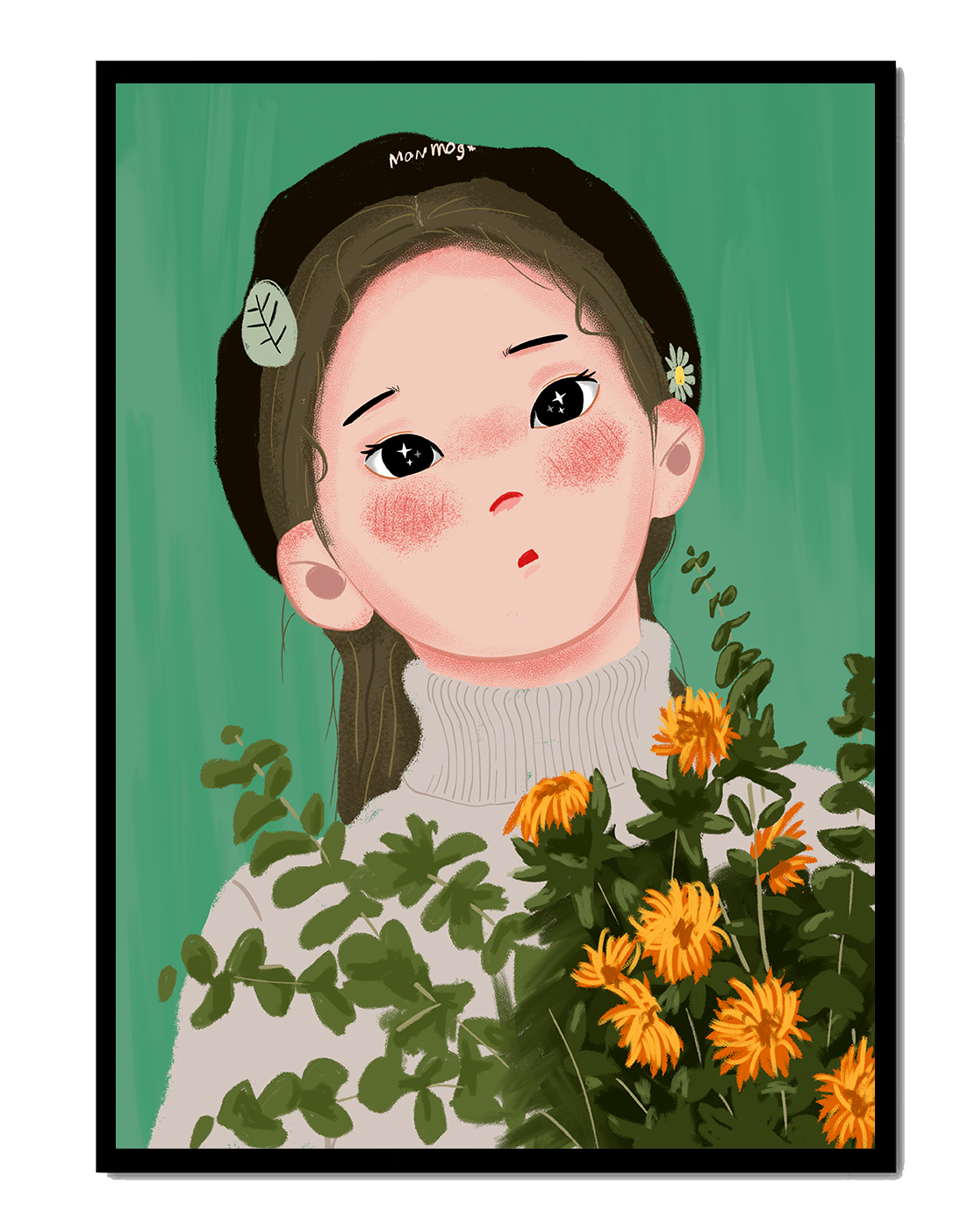 Illustration of a girl with flowers and a beret on a green background