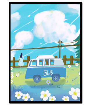 Ilustración escénica con autobús azul y prado en flor