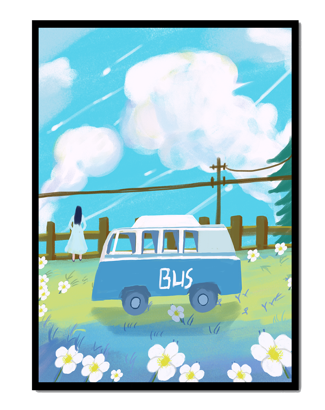 Ilustración escénica con autobús azul y prado en flor