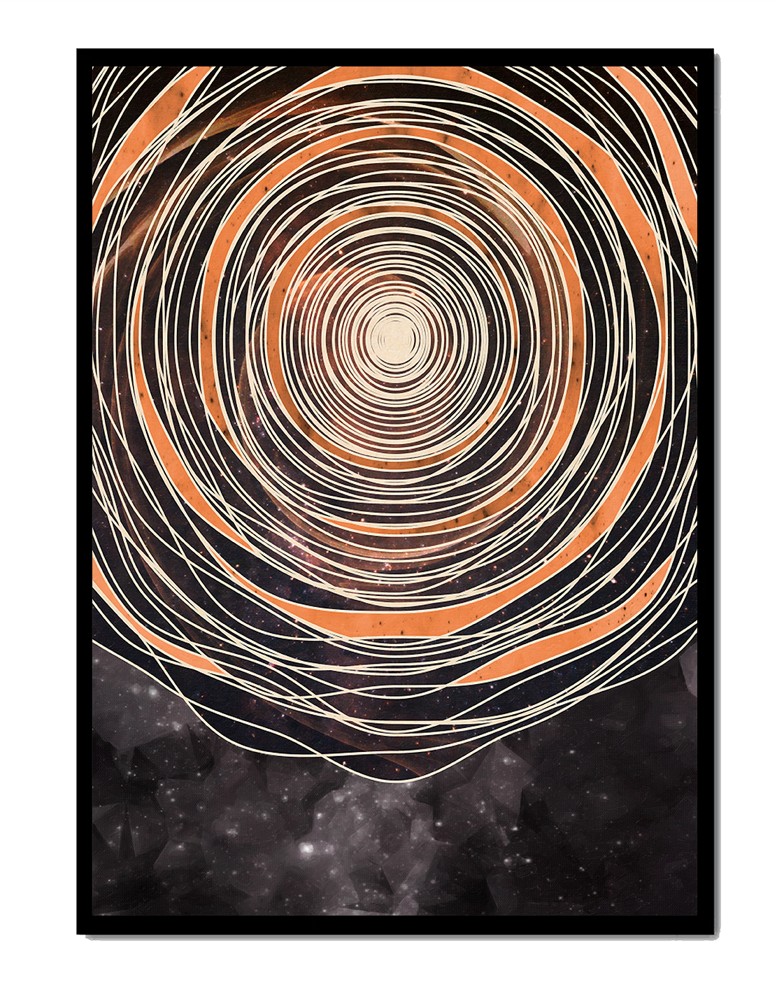 Abstract cosmic spiral with concentric oval patterns and starry background