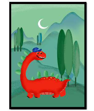 Whimsical red dinosaur in a serene nighttime forest