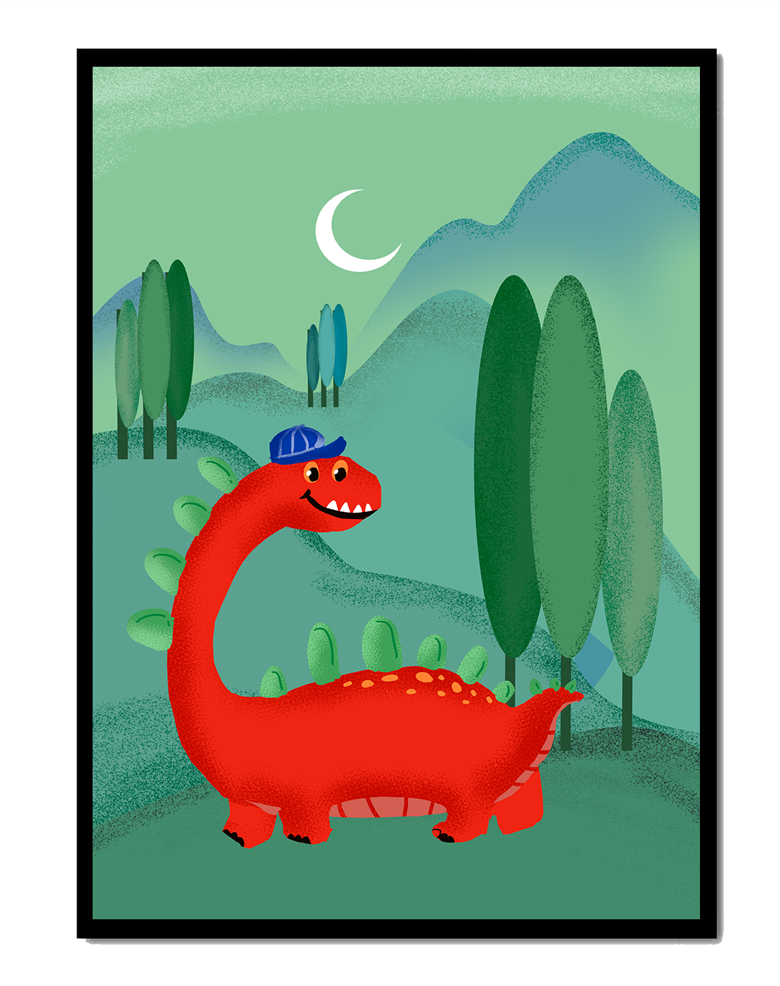 Whimsical red dinosaur in a serene nighttime forest