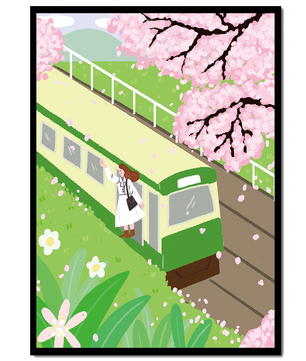 Escena de cerezos en flor y tren en un paisaje primaveral
