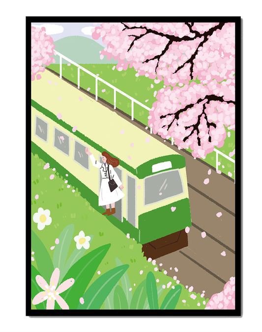 Cherry Blossoms and Train Scene in Spring Landscape