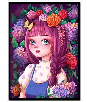 Illustration of a girl with floral crown surrounded by vibrant flowers