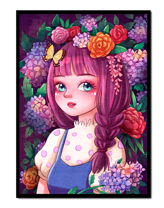 Illustration of a girl with floral crown surrounded by vibrant flowers
