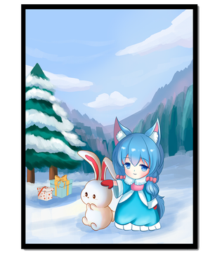 Winter scene with cute chibi character and bunny in snowy landscape