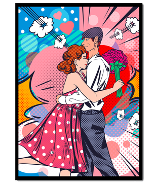 Pareja abrazándose en estilo pop art con un fondo colorido