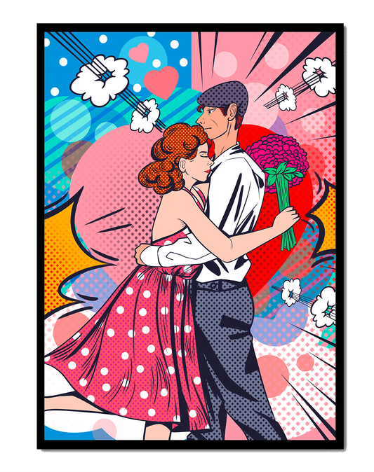 Pop Art Couple Embracing with a Colorful Background