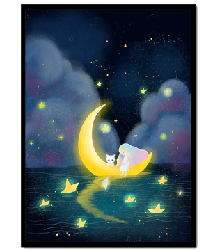 Whimsical night scene with child and cat on crescent moon