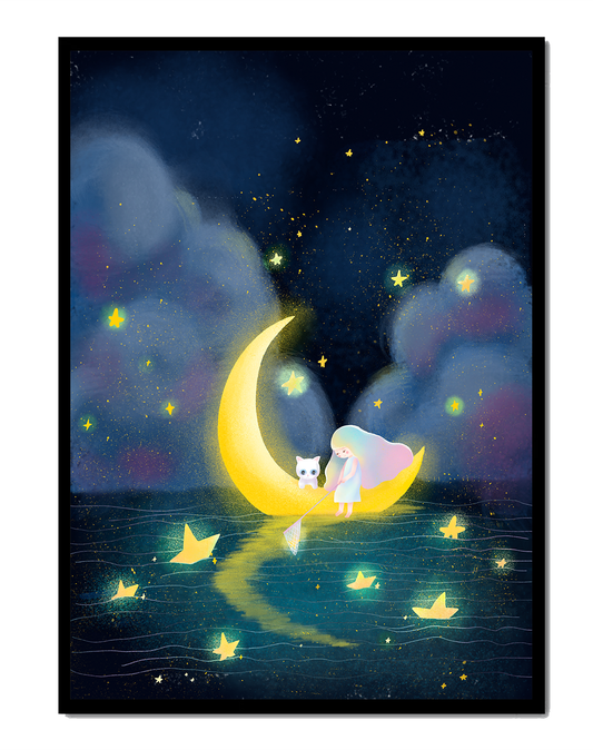 Whimsical night scene with child and cat on crescent moon