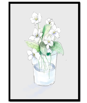 Delicadas flores blancas en una ilustración de jarrón de cristal
