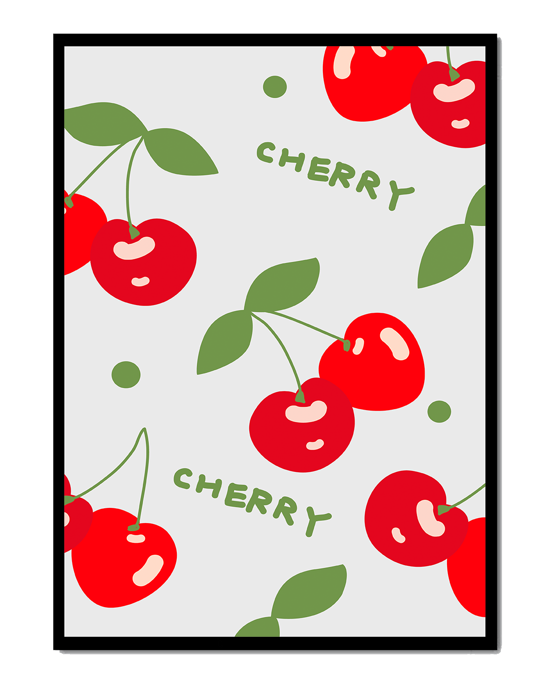 Cherry pattern on black background with green leaves