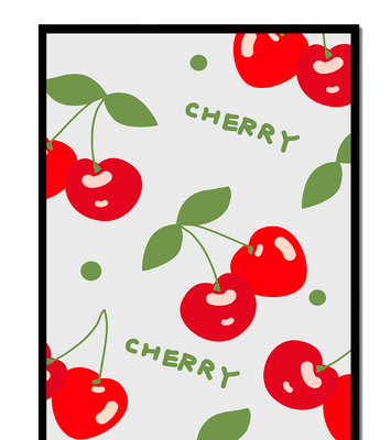 Cherry pattern on black background with green leaves
