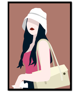 Ilustración elegante de una mujer con sombrero de cubo y ropa casual